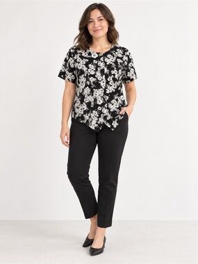 Cathy Che Black White Floral Asymmetrical Hem Blouse Size 10P